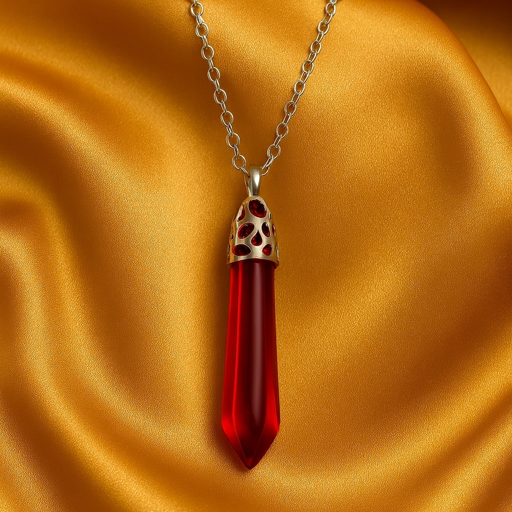 Red Pendant Necklace – Silver Filigree Cap, Boho Gemstone Women Fashion Jewelry
